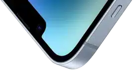 The top-left corner of an iPhone 14 with a Ceramic Shield front.