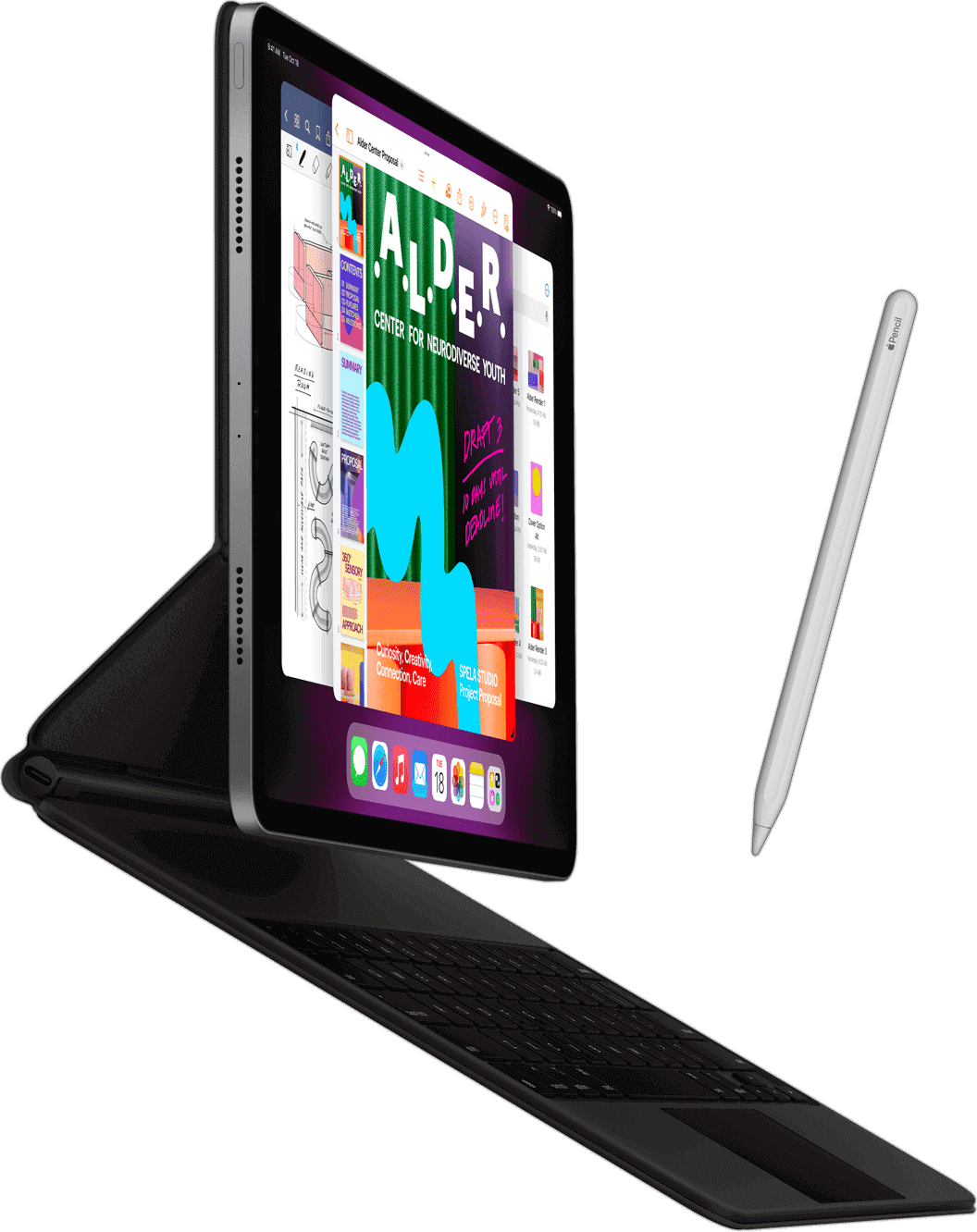 iPad Pro с присоединённой клавиатурой Smart Keyboard Folio и Apple Pencil, вид сбоку.