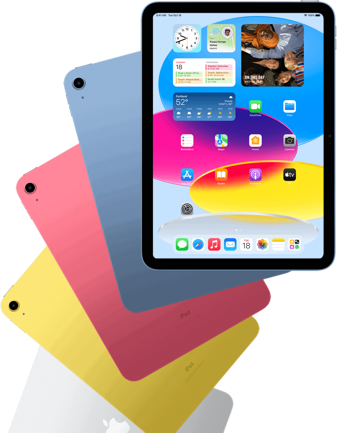 Вигляд iPad спереду, з відкритим головним екраном, і пристрої iPad синього, рожевого, жовтого та сріблястого кольорів за ним.