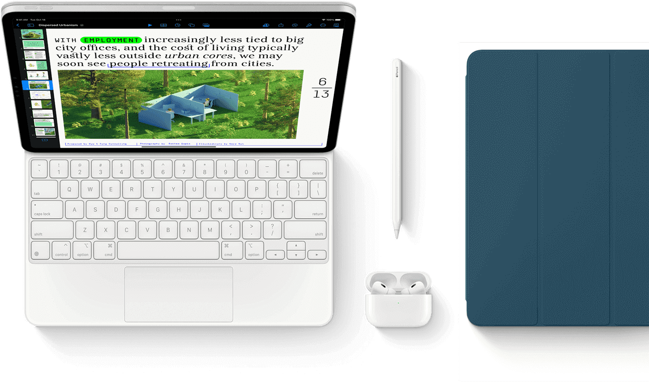 Клавиатура Smart Keyboard Folio, Apple Pencil, AirPods Pro и обложка iPad Cover цвета «океанская синева».