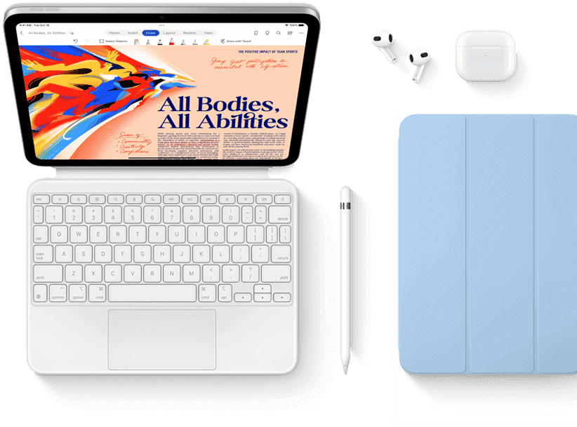 Показано iPad, Magic Keyboard Folio, Apple Pencil, AirPods і Smart Folio.