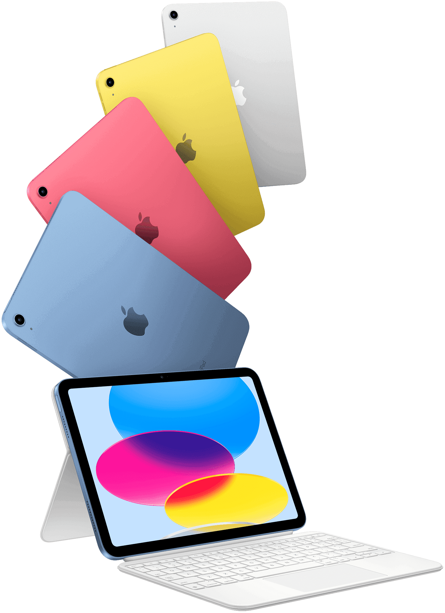 iPad синього, рожевого, жовтого та сріблястого кольорів і ще один iPad із підключеною клавіатурою Magic Keyboard Folio.