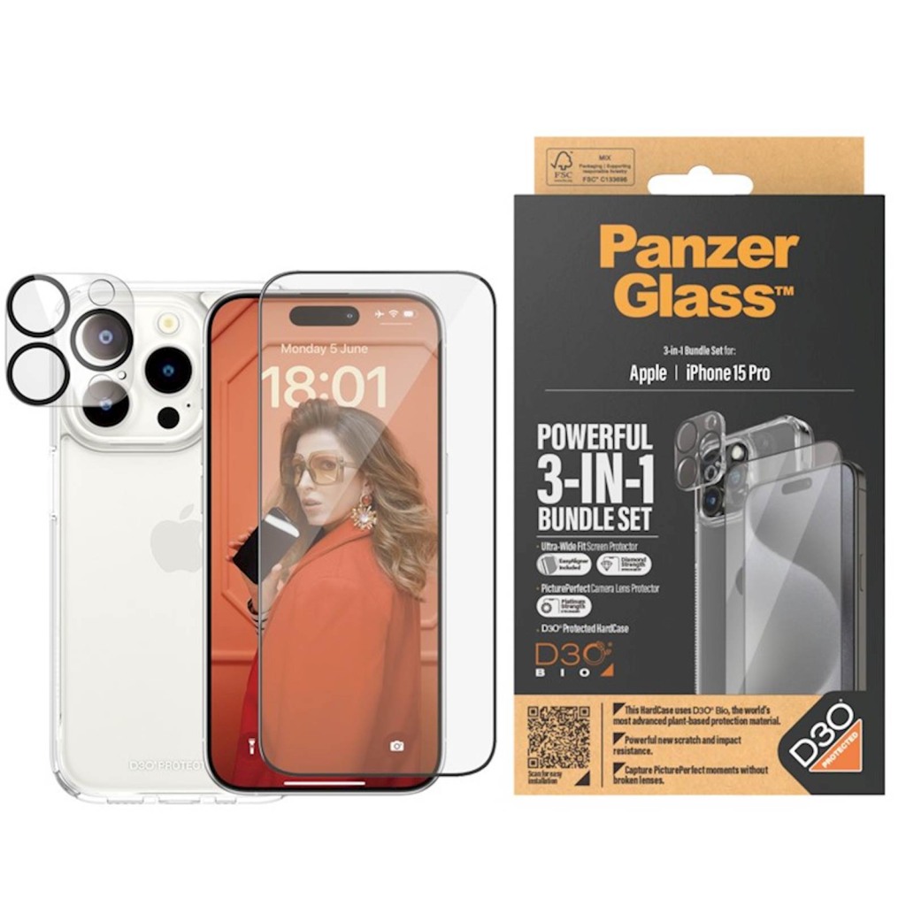 PanzerGlass Bundle PanzerGlass iPhone 15 Pro - Zaštitno staklo, Anti-špijunski filter, Oleopobična prevlaka, Jednostavna instalacija do 80 karaktera