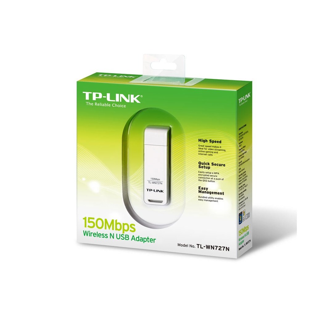 TP-Link TL-WN727N 150Mbps Wi-Fi USB Adapter 150 Mbps at 2.4 GHz USB 2.0 WPS Button