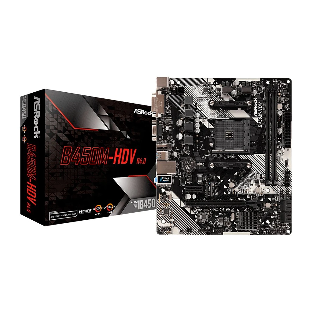 ASROCK Main Board Desktop B450M-HDV R4.0 SAM42xDDR41xPCI 3.0x161xPCI Ex1SATA III1xM.21xUlraM.2USB3.0GLAN VGADVIHDMI mATX Retail