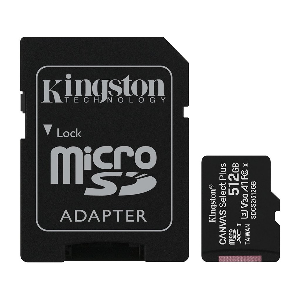 Kingston MicroSD 512GB Class10Canvas Select Plus;SD adapter100/85MBs,Class 10 UHS-I, U3, V30