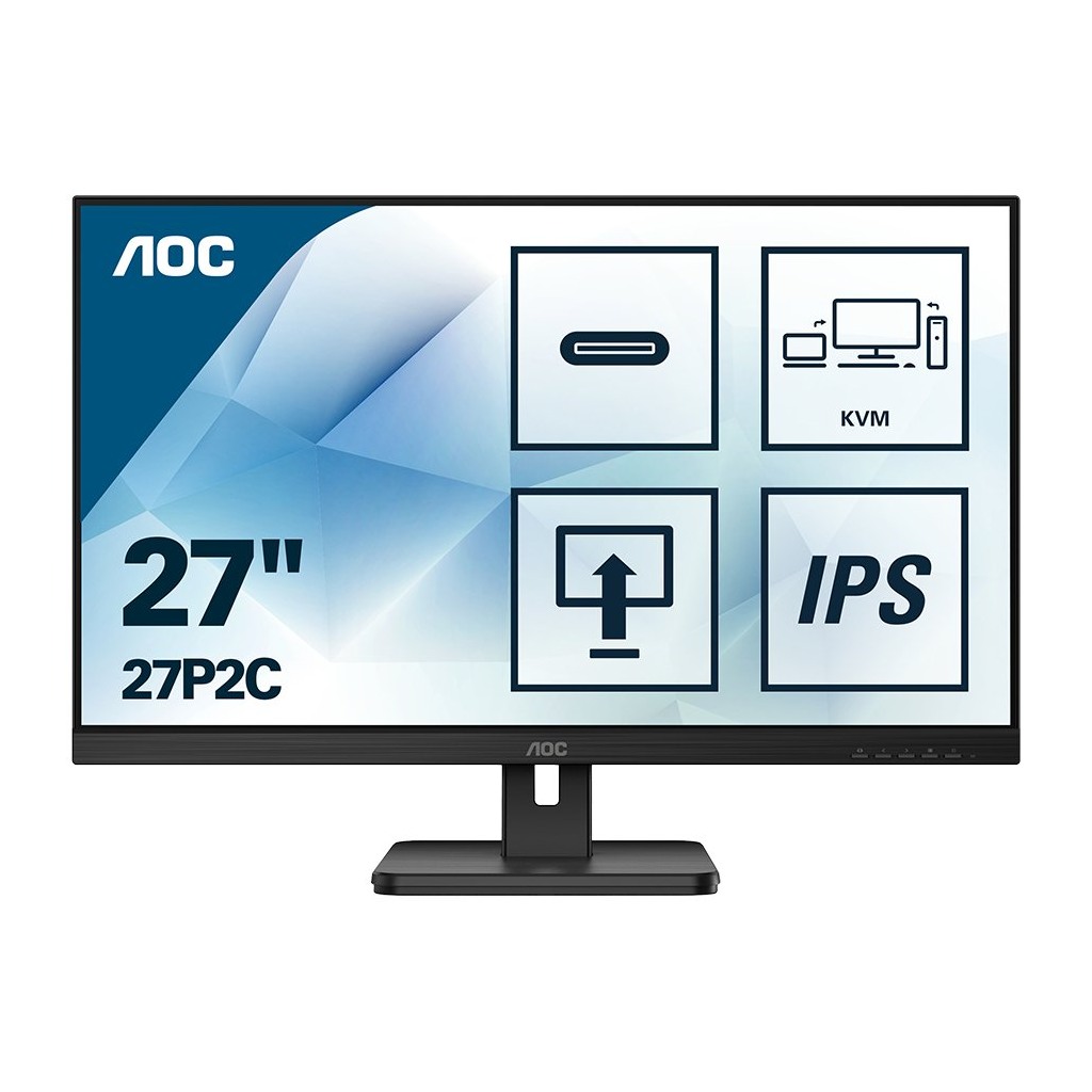 AOC 27P2C - 27 Inch FHD Monitor, 75Hz, 4ms, IPS, USB-C Dock, Height Adjust, USB Hub, Speakers, KVM (1920x1080 @ 75Hz 250cd/m², HDMI//DP/USB-C/USB 3.2)