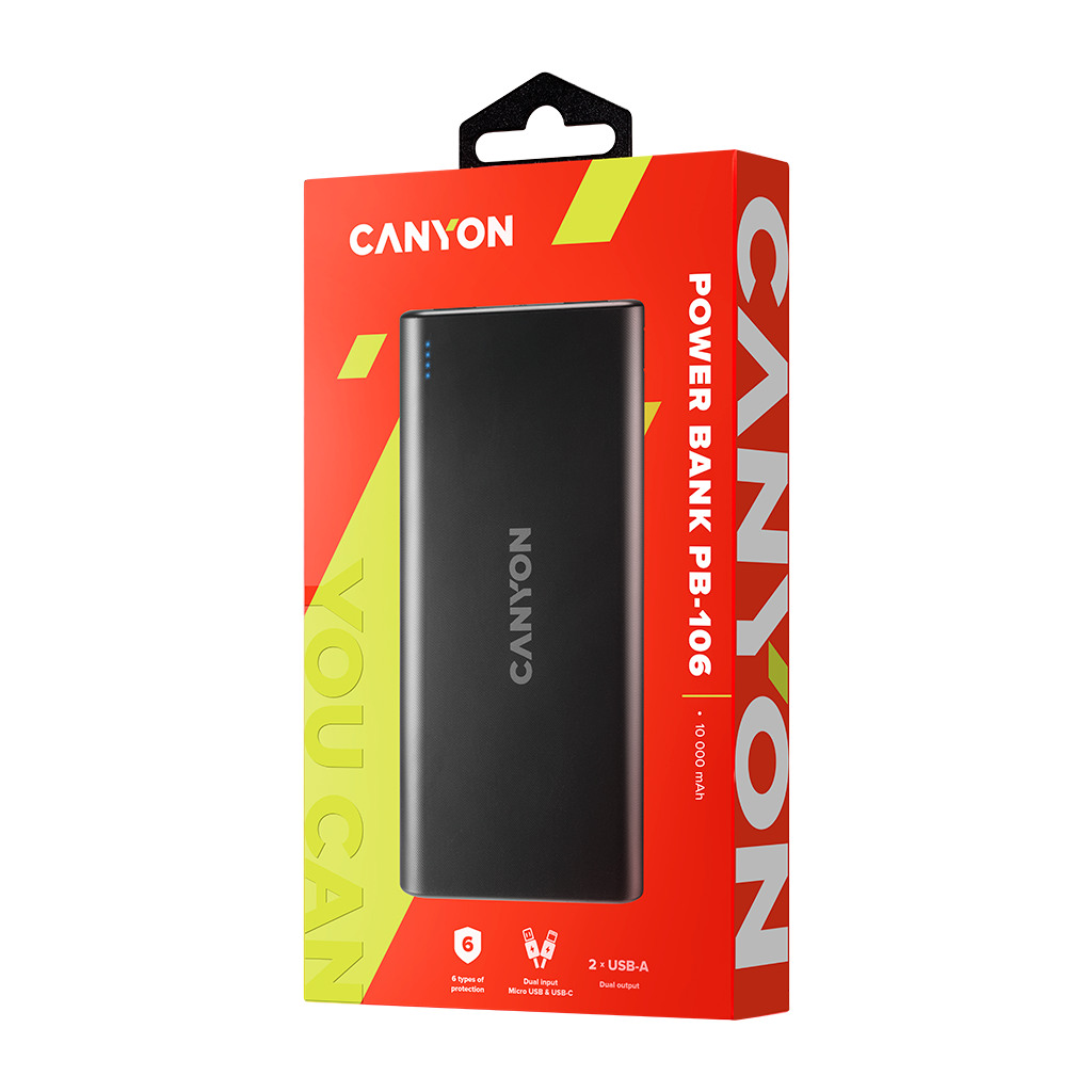 CANYON PB-106 Power bank 10000mAh Li-poly battery Input 5V/2A Output 5V/2.1AMax USB cable length 0.3m