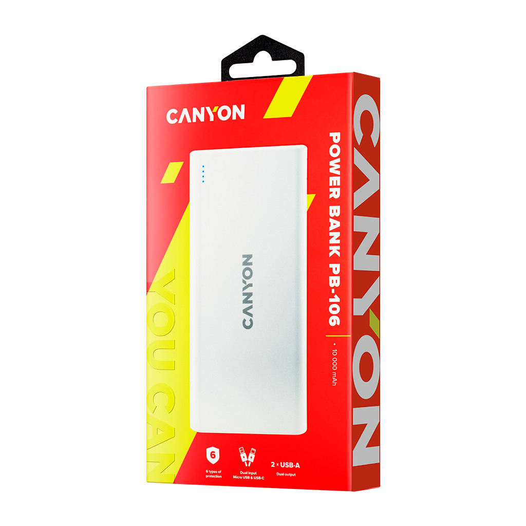 CANYON PowerBank  PB-106 10000mAh Li-poly battery Input 5V/2A Output 5V/2.1AMax USB cable length 0.3m