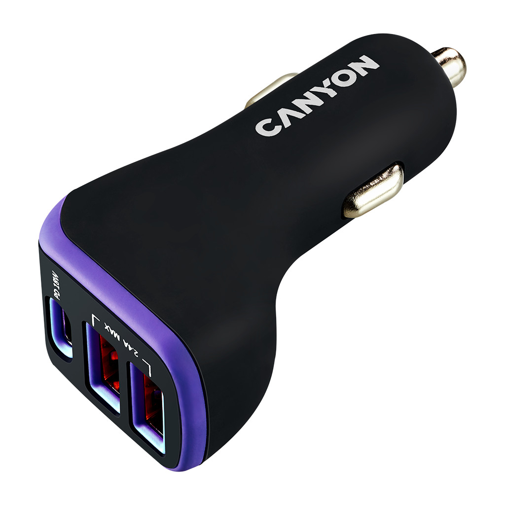 CANYON Universal 3xUSB car adapter Input 12V-24V Output DC USB-A 5V/2.4AMax + Type-C PD 18W