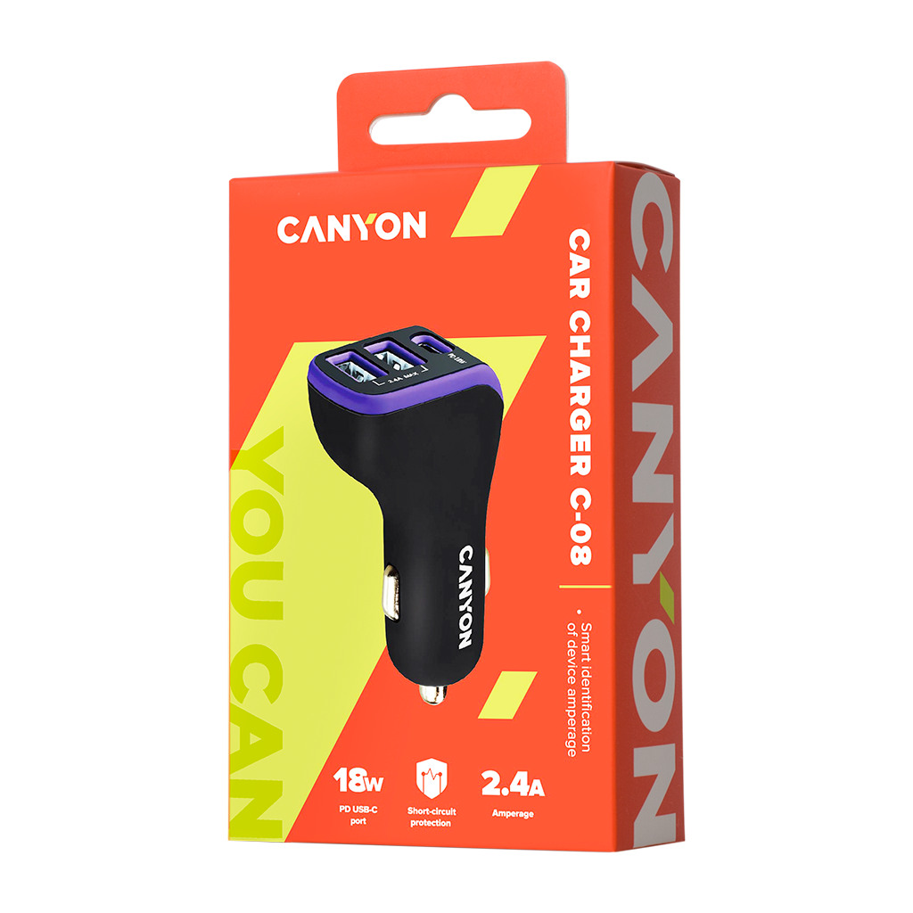 CANYON Universal 3xUSB car adapter Input 12V-24V Output DC USB-A 5V/2.4AMax + Type-C PD 18W