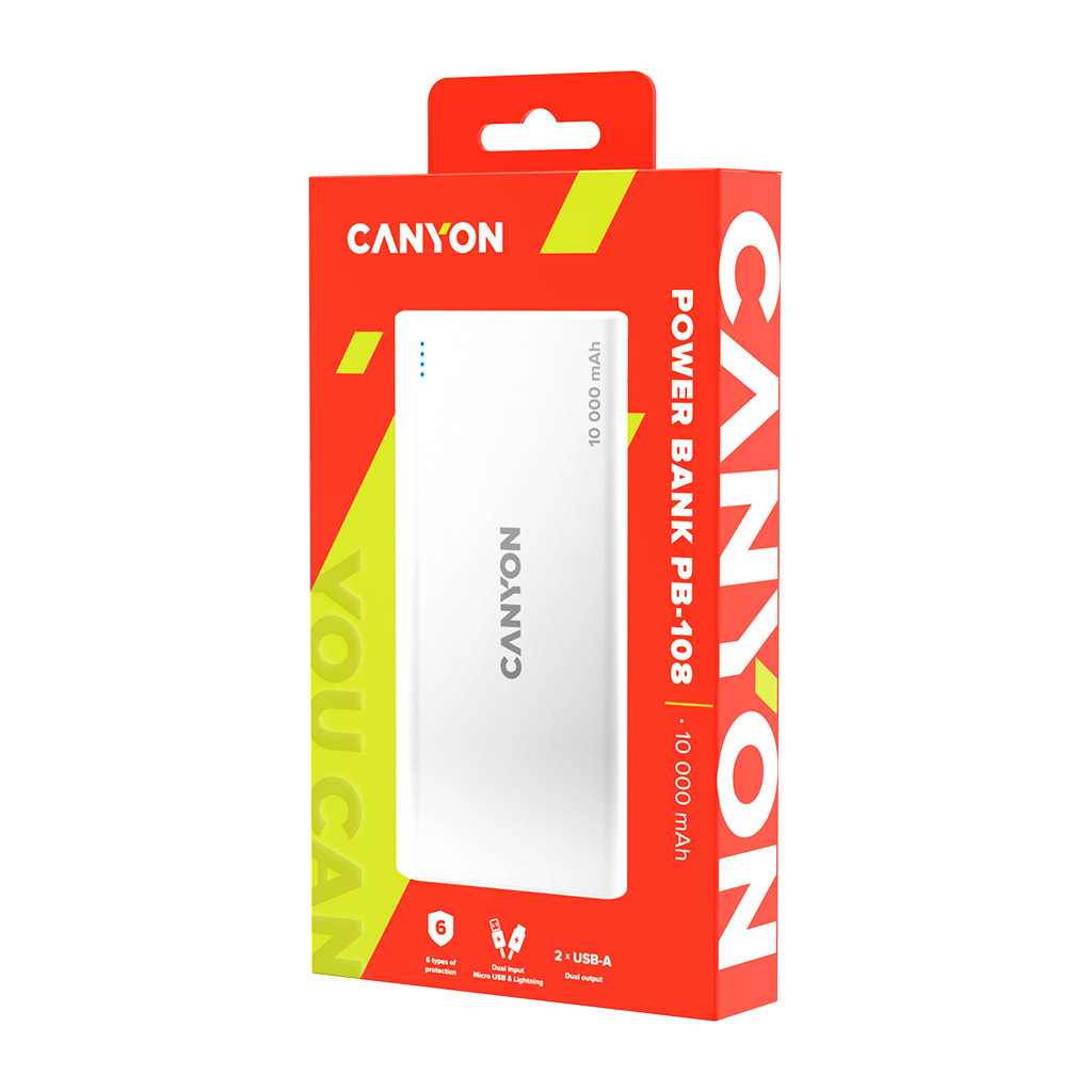 CANYON PB-108 Power bank 10000mAh Li-poly battery Input 5V/2A Output 5V/2.1AMax 140*68*16mm 0.230Kg White