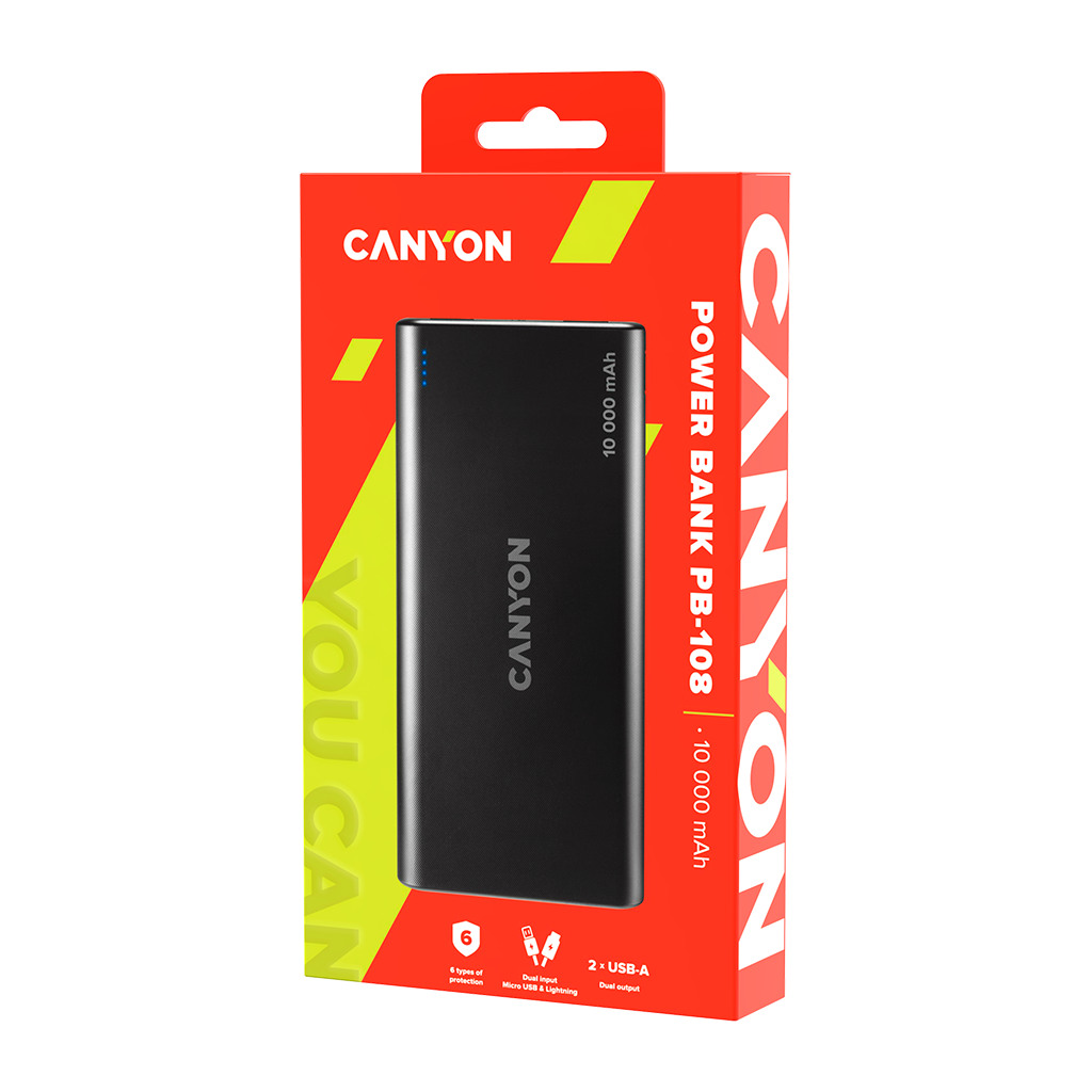 CANYON PB-108 Power bank 10000mAh Li-poly battery Input 5V/2A Output 5V/2.1AMax 140*68*16mm 0.230Kg Black