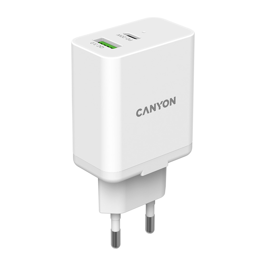 Canyon PD 20W/QC3.0 18W WALL Charger with 1-USB A+ 1-USB-C   Input: 100V-240V Output: