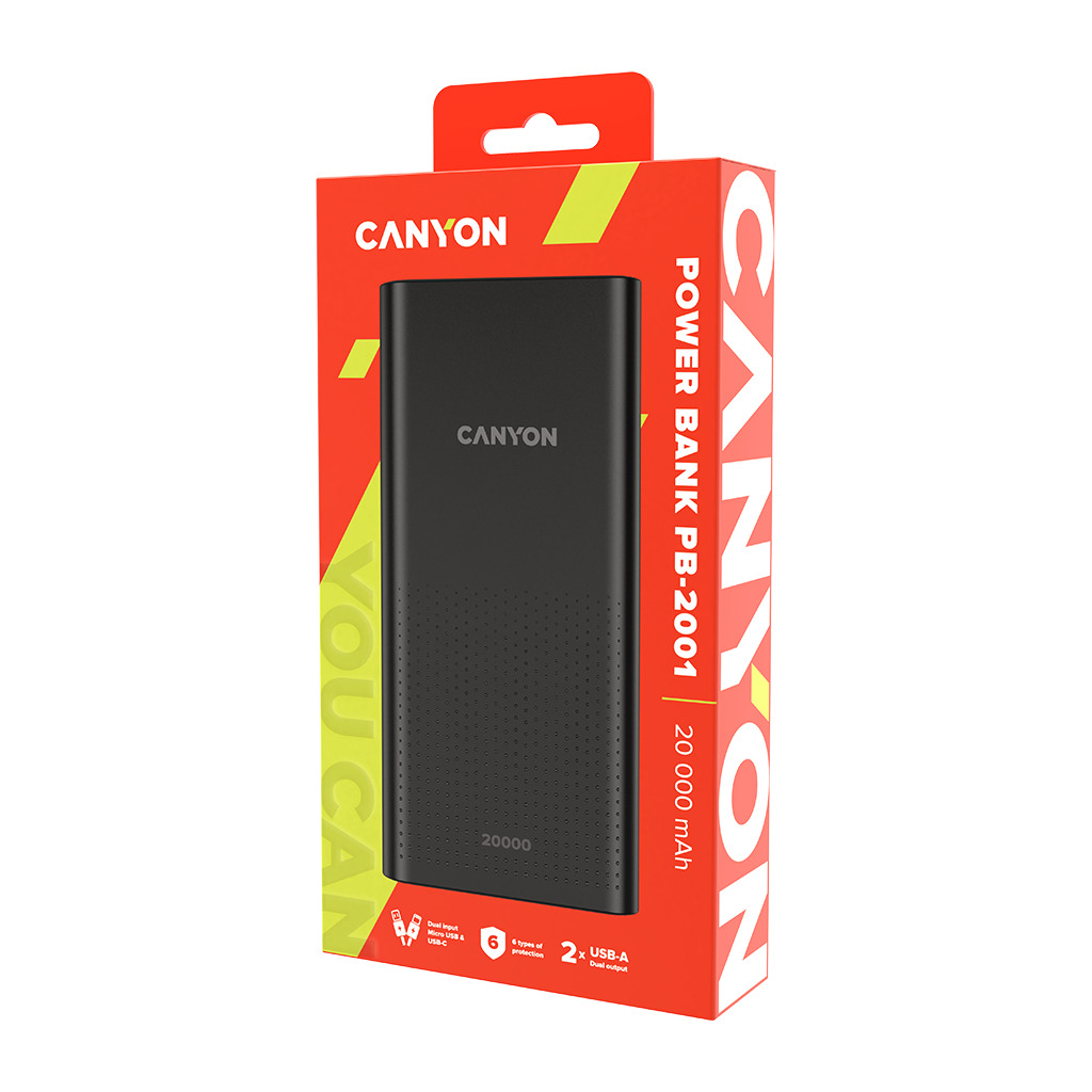 CANYON PB-2001 Power bank 20000mAh Li-poly battery Input 5V/2A  Output 5V/2.1AMax 144*69*28.5mm 0.440Kg Black