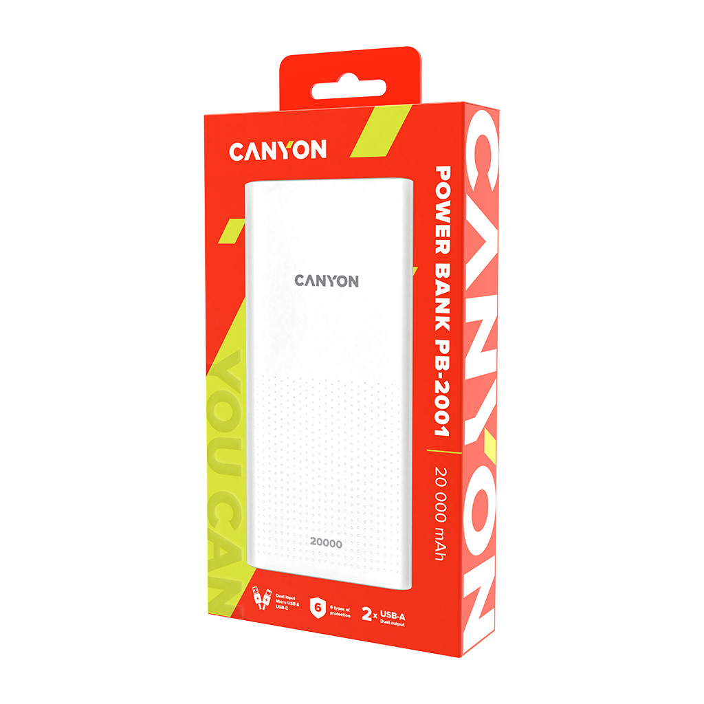 CANYON PB-2001 Power bank 20000mAh Li-poly battery Input 5V/2A  Output 5V/2.1AMax  144*69*28.5mm 0.440Kg