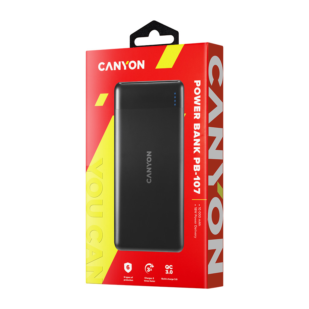 CANYON PB-107 Power bank 10000mAh Li-poly battery Input Micro/PD 18WMax Output PD/QC3.0 18WMax quick charging