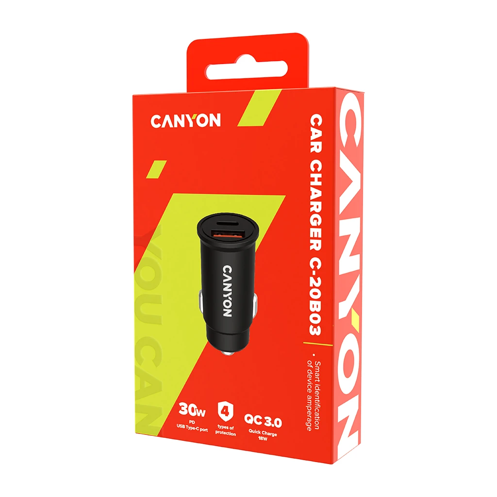 Canyon PD 30W/QC3.0 18W Pocket size car charger  with 1-USB A+ 1-USB-C Input: DC12V-24V - Image 3