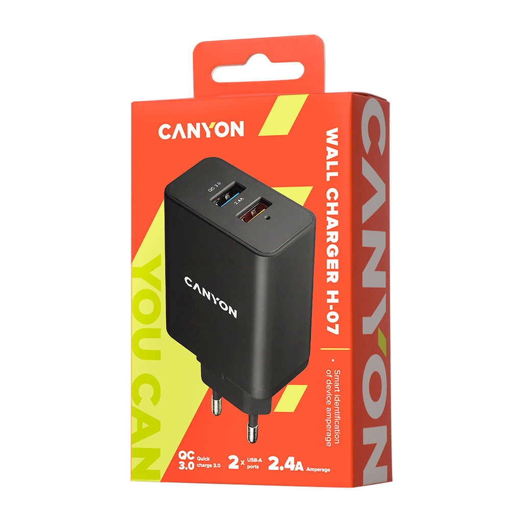 CANYON H-07 Universal 2xUSB AC charger in wall with over-voltage protection1 USB with Quick Charger - Image 2