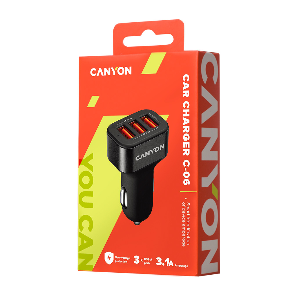 CANYON C-06 Universal 3xUSB car adapter Input 12V-24V Output 5V-3.1A black rubber coating+black metal ring