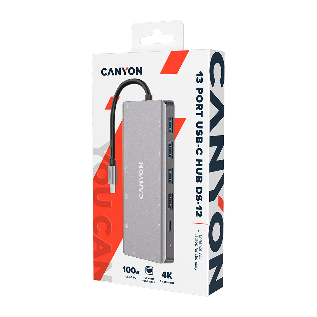 CANYON DS-12 13 in 1 USB C hub with 2*HDMI 3*USB3.0: support max. 5Gbps 1*USB2.0: