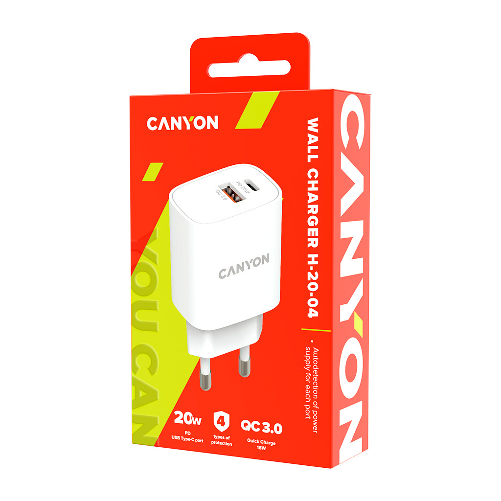 CANYON H-20-04 PD 20W/QC3.0 18W WALL Charger with 1-USB A+ 1-USB-C   Input: 100V-240V - Image 3