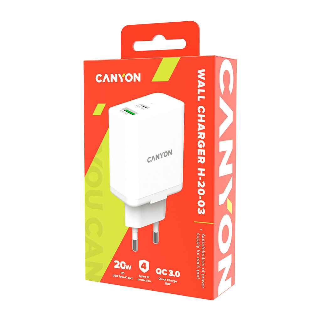 Canyon PD 20W/QC3.0 18W WALL Charger with 1-USB A+ 1-USB-C   Input: 100V-240V Output: - Image 3