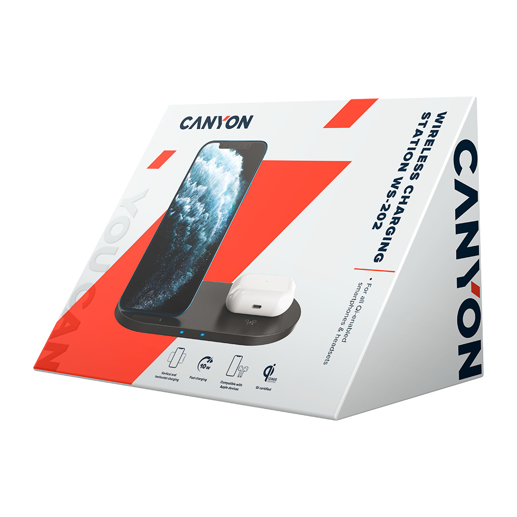 CANYON WS-202 2in1 Wireless charger Input 5V/3A 9V/2.67A Output 10W/7.5W/5W Type c cable length 1.2m