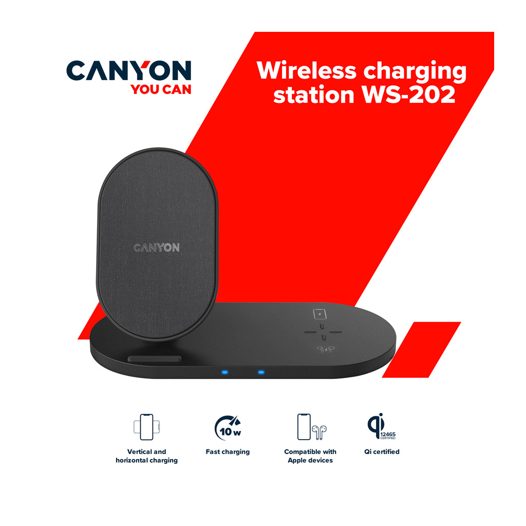 CANYON WS-202 2in1 Wireless charger Input 5V/3A 9V/2.67A Output 10W/7.5W/5W Type c cable length 1.2m