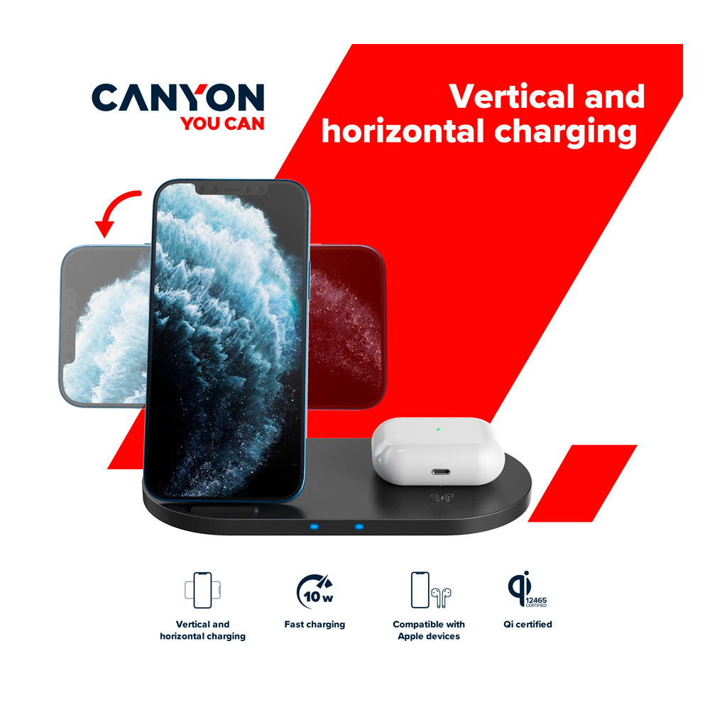 CANYON WS-202 2in1 Wireless charger Input 5V/3A 9V/2.67A Output 10W/7.5W/5W Type c cable length 1.2m