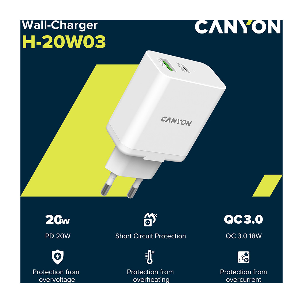 Canyon PD 20W/QC3.0 18W WALL Charger with 1-USB A+ 1-USB-C   Input: 100V-240V Output: - Image 4