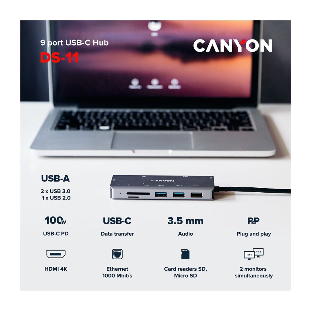 CANYON 9 in 1 USB C hub with 1*HDMI: 4K*30Hz1*Gigabit Ethernet 1*Type-C PD charging port - Image 4