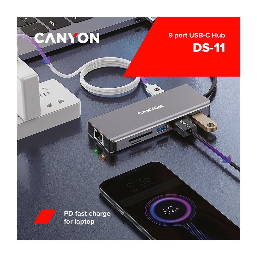 CANYON 9 in 1 USB C hub with 1*HDMI: 4K*30Hz1*Gigabit Ethernet 1*Type-C PD charging port - Image 5