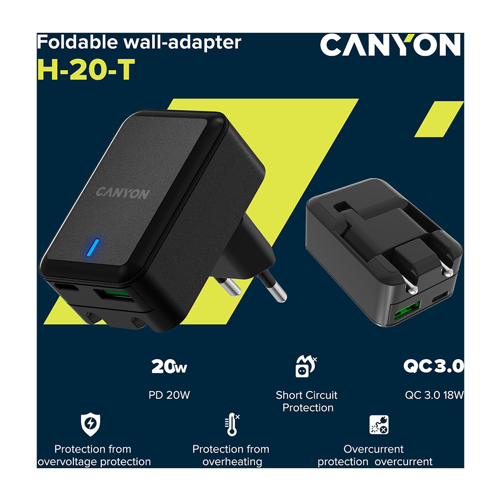 CANYON H-20Т PD 20W/QC3.0 18W WALL Charger with 1-USB A+ 1-USB-C Input: 100V-240V Output: 1 - Image 5