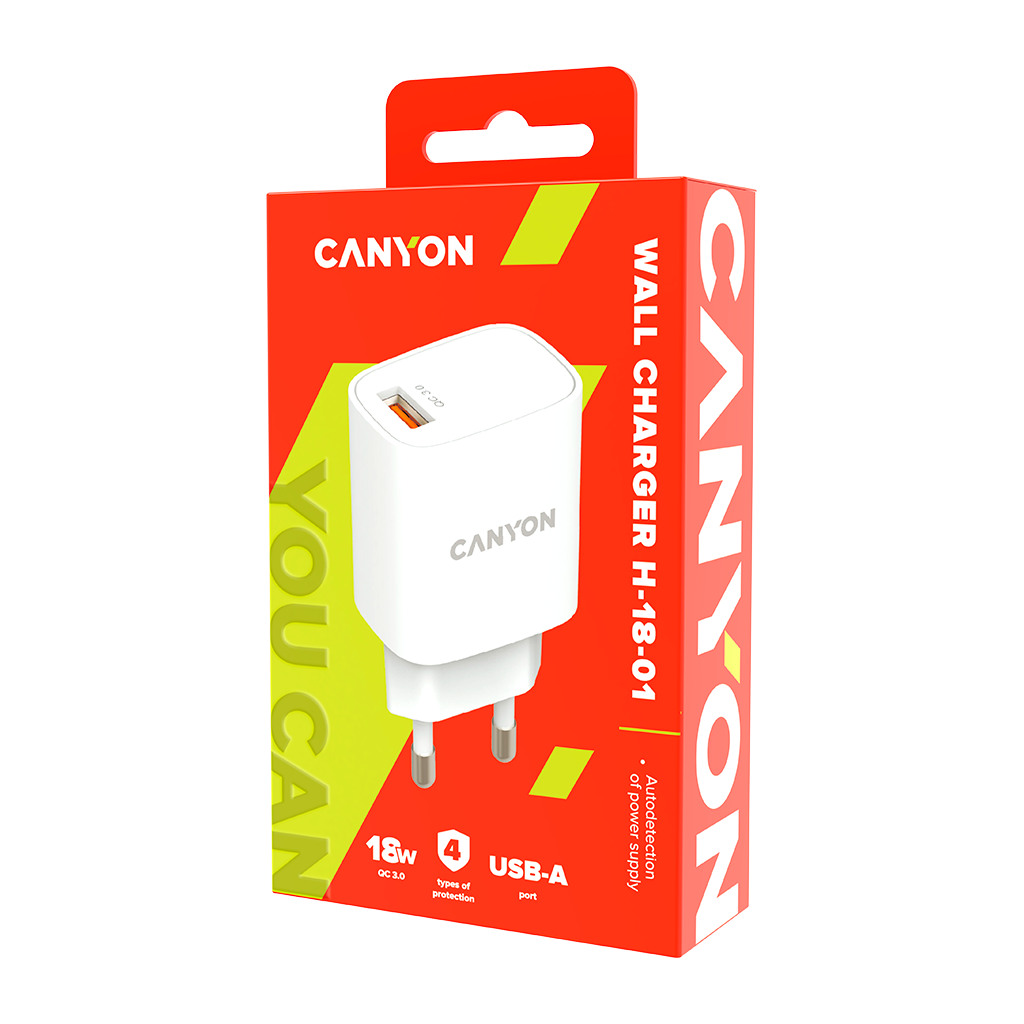 CANYON H-18-01 Wall charger with 1*USB QC3.0 18W Input: 100V-240V Output: DC 5V/3A9V/2A12V/1.5A Eu plug - Image 3