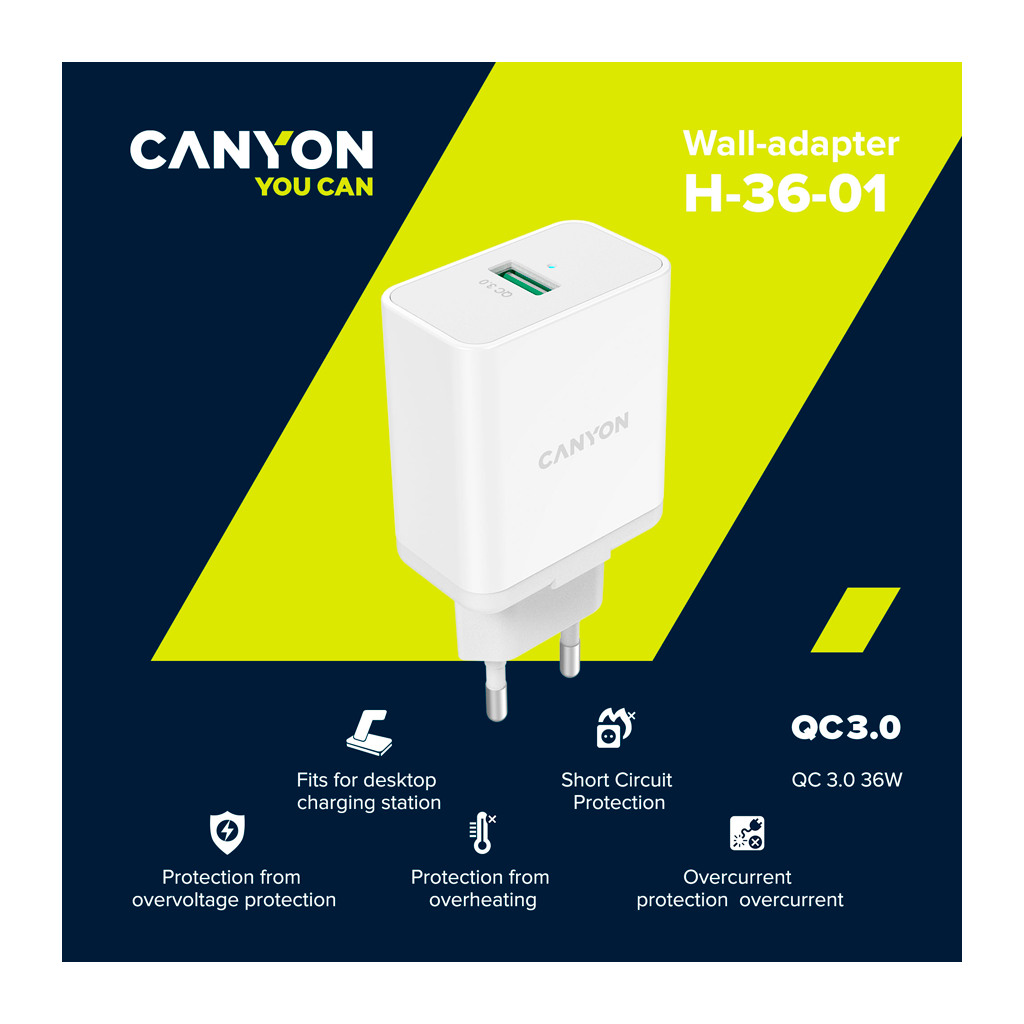 CANYON H-36-01 QC3.0 36W WALL Charger with 1-USB A   Input: 100V-240V Output: - Image 5