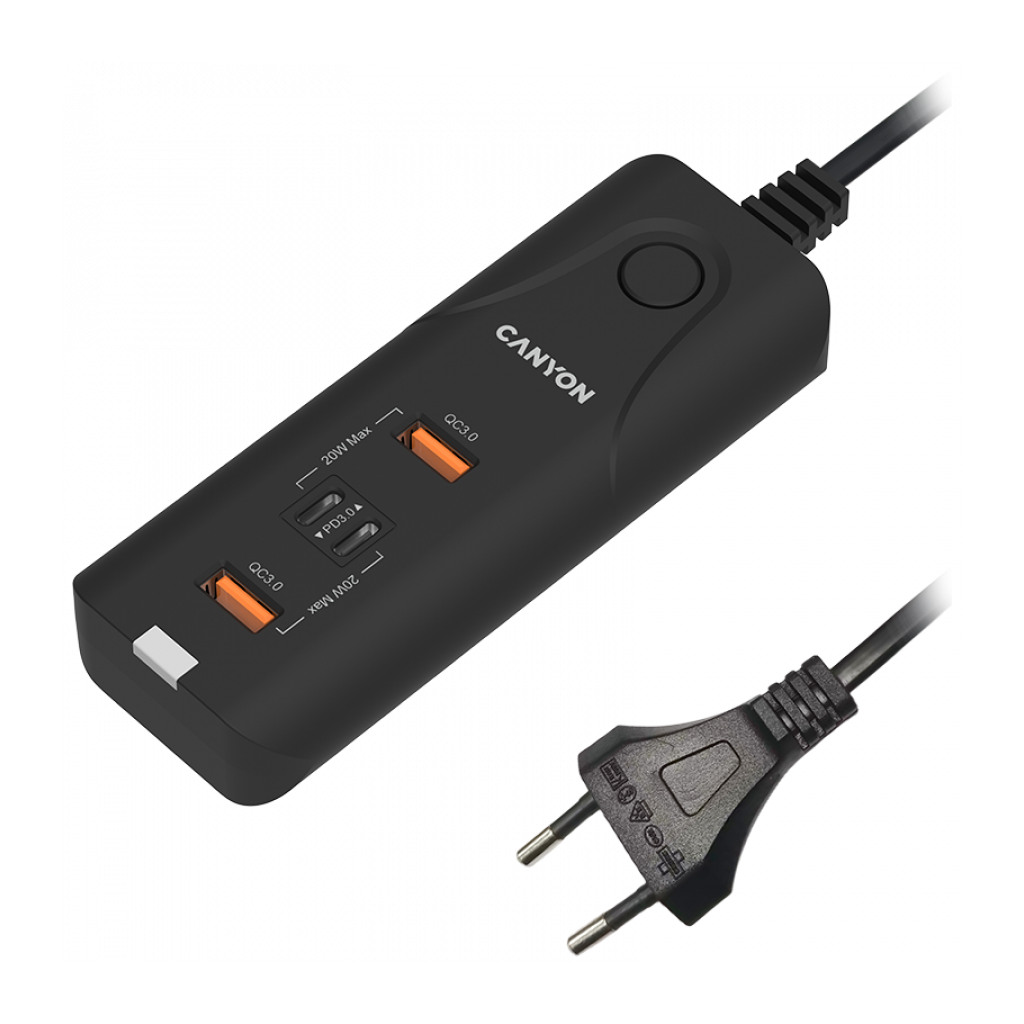 CANYON H-10 Wall charger. CNE-CHA10B Input: 100-240V~50/60Hz 1.0A Max Output1/Output2: DC USB-A QC3.0 5.0V/3.0A9.0V/2.0A12.0V/1.5A 18.0WMaxUSB-C