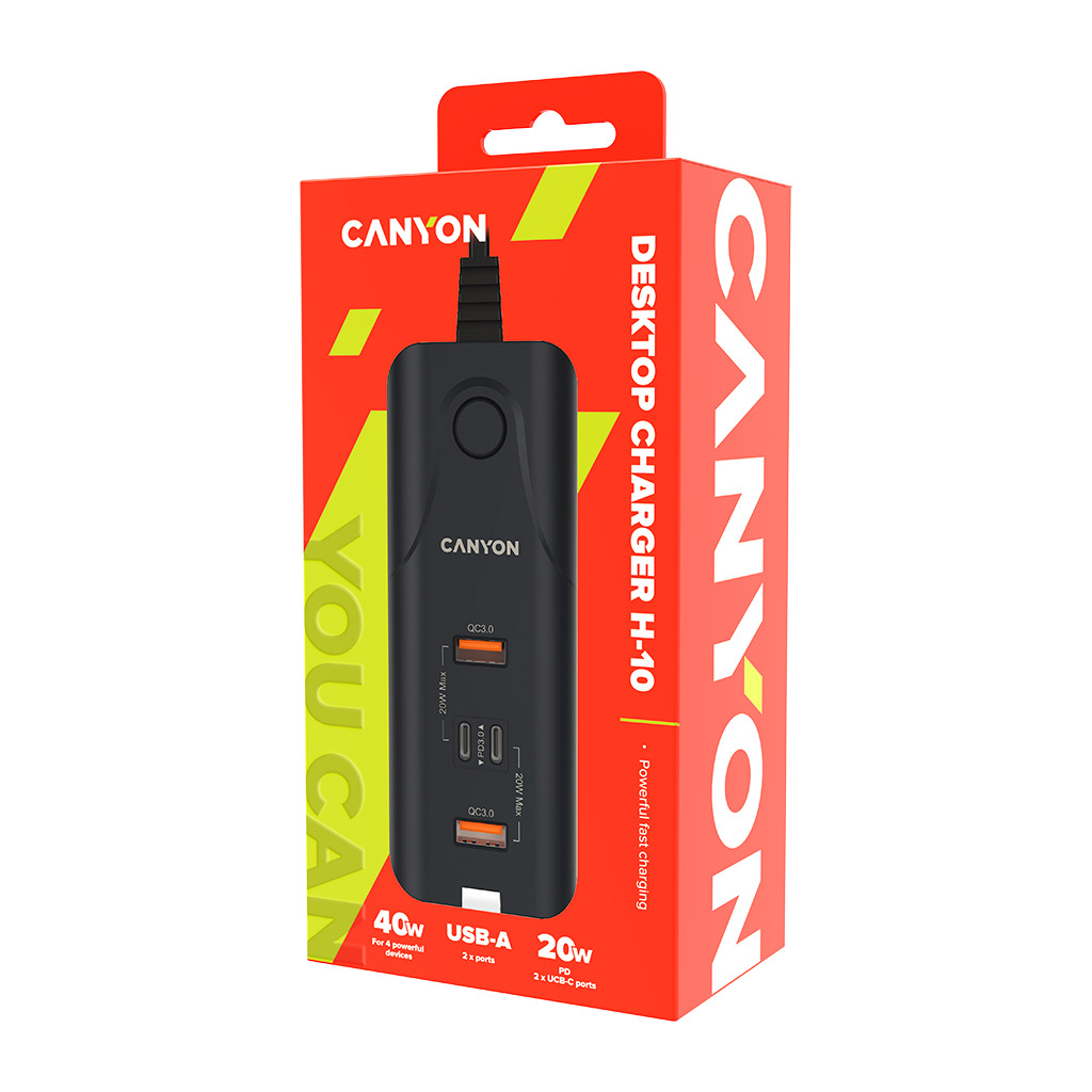 CANYON H-10 Wall charger. CNE-CHA10B Input: 100-240V~50/60Hz 1.0A Max Output1/Output2: DC USB-A QC3.0 5.0V/3.0A9.0V/2.0A12.0V/1.5A 18.0WMaxUSB-C