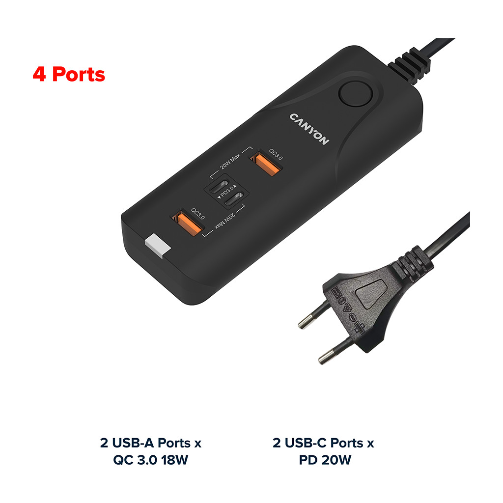 CANYON H-10 Wall charger. CNE-CHA10B Input: 100-240V~50/60Hz 1.0A Max Output1/Output2: DC USB-A QC3.0 5.0V/3.0A9.0V/2.0A12.0V/1.5A 18.0WMaxUSB-C