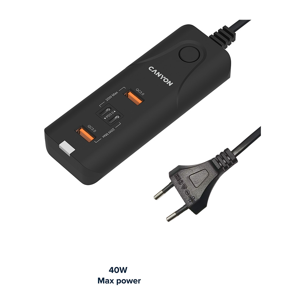 CANYON H-10 Wall charger. CNE-CHA10B Input: 100-240V~50/60Hz 1.0A Max Output1/Output2: DC USB-A QC3.0 5.0V/3.0A9.0V/2.0A12.0V/1.5A 18.0WMaxUSB-C