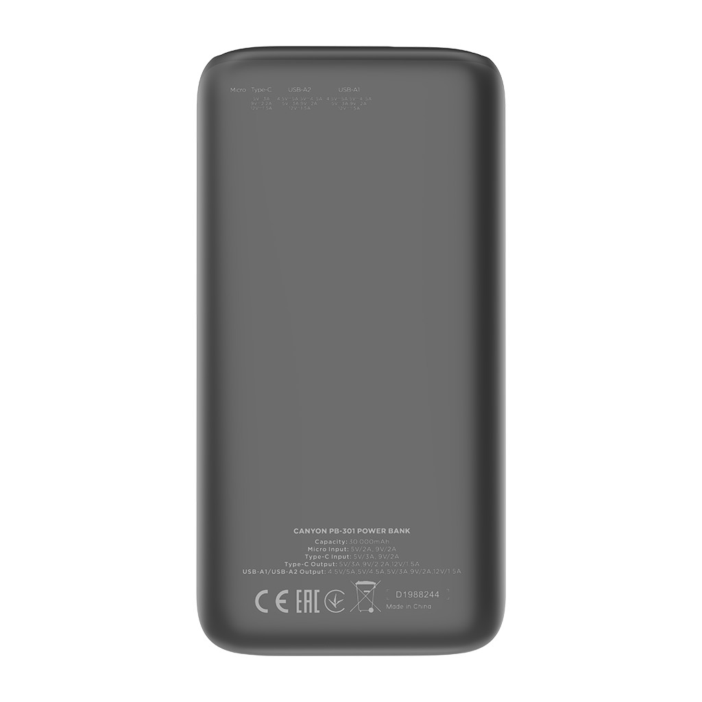 CANYON PB - 301 Power bank 30000mAh Li-poly battery Input Micro: DC5V/2A 9V/2A Input Type