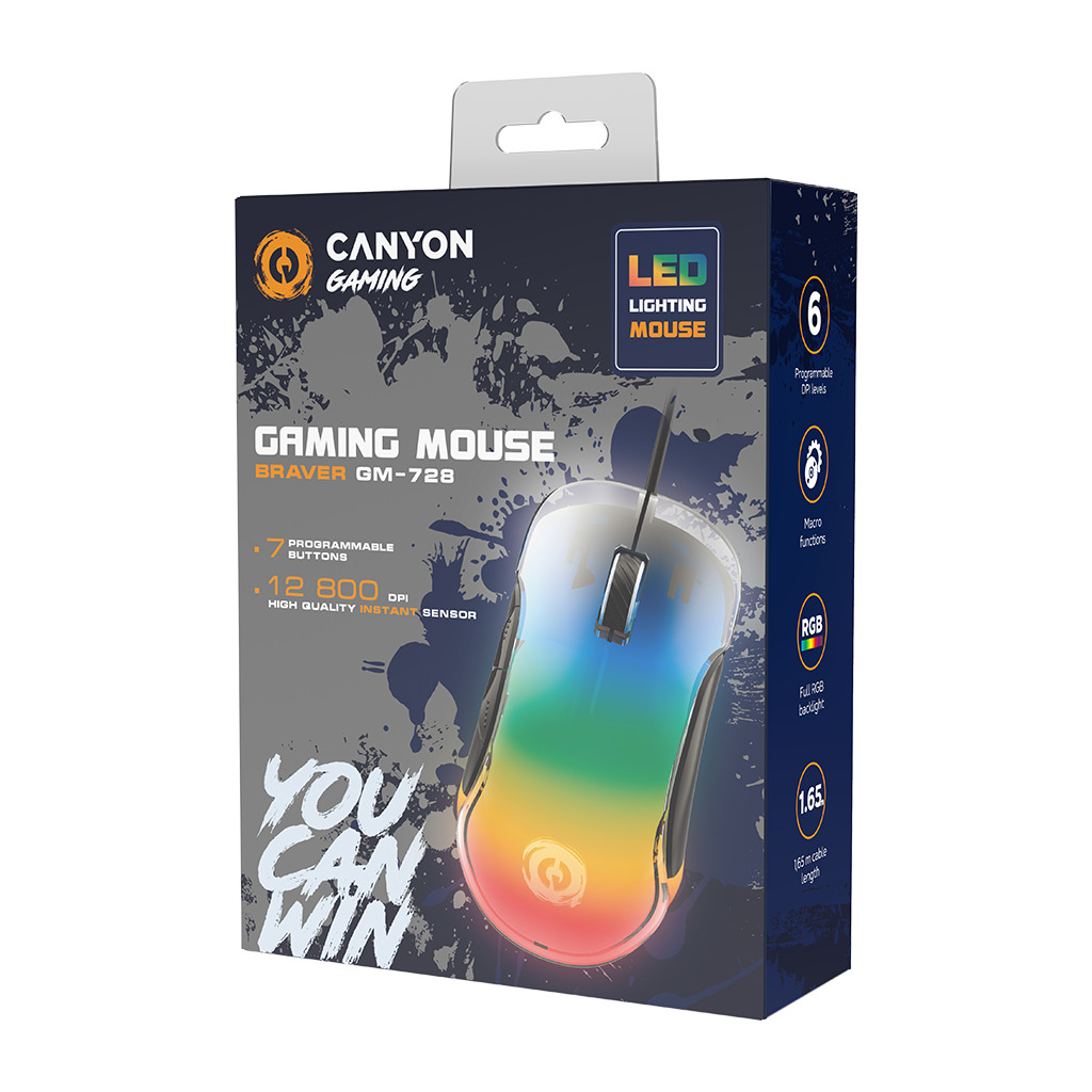 CANYON Miš GM-728 LED Crystal 7 dugmadi Žičani Crni - 7 dugmadi, Žičani dizajn, Ergonomski oblik, LED osvjetljenje