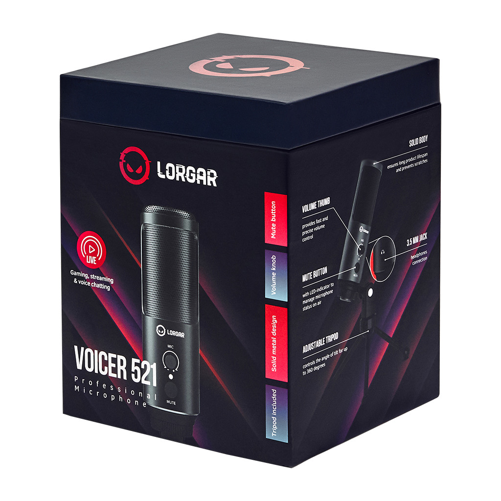 LORGAR Voicer 521 Gaming Microphone Black USB condenser mic with Volume Knob 3.5MM headphonejack mute