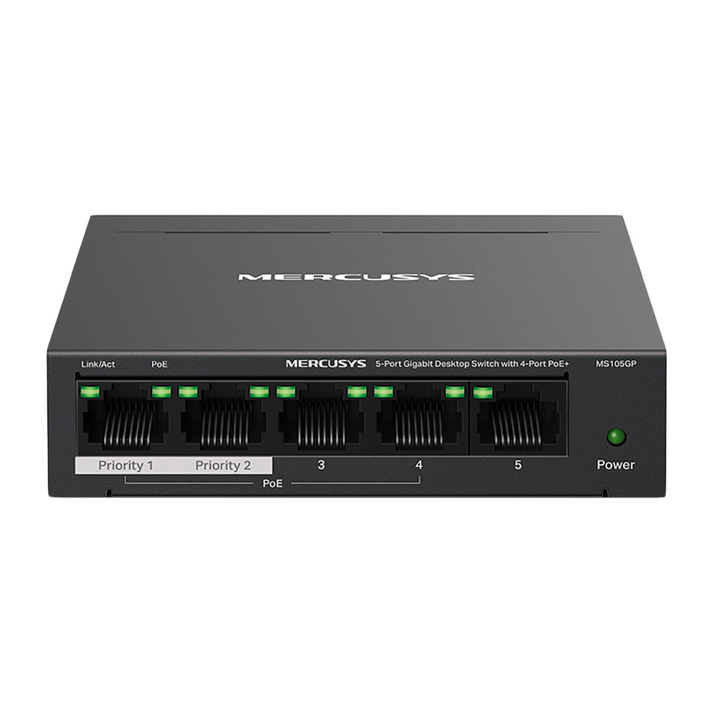 Mercusys MS105GP 5-Port Gigabit Desktop Switch with 4-Port PoE+ 4×Gigabit PoE+ Ports 1×Gigabit Non-PoE Port