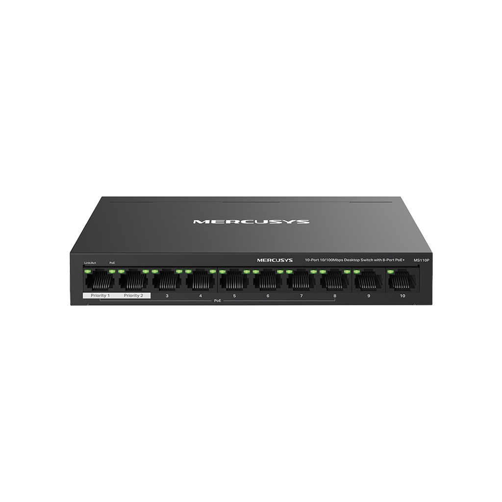 10-Port 10/100Mbps Desktop Switch with 8-Port PoE+PORT: 8× 10/100 Mbps PoE+ Ports 2× 10/100 Mbps