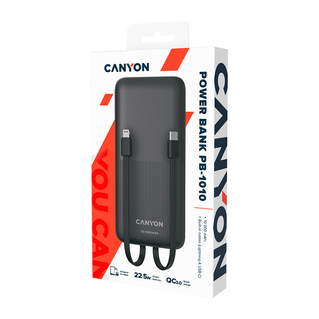 CANYON PB-1010 Power bank 10000mAh Li-pol battery with 2pcs Build-in Cable  Input:  TYPE-C: