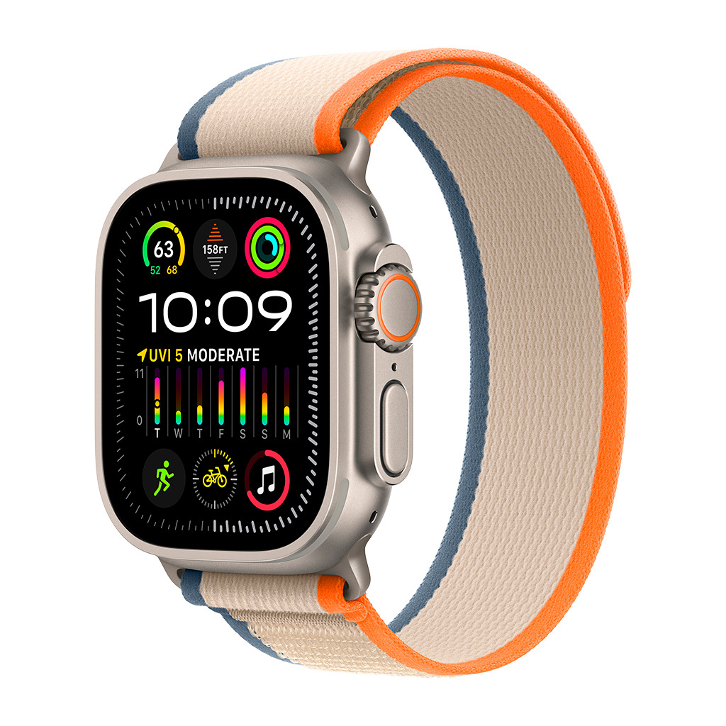 Apple Watch Ultra2 Cellular 49mm Titanium Case w Orange/Beige Trail Loop - M/L