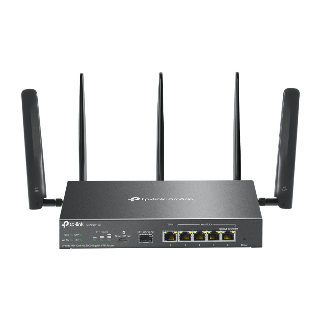 TP-Link ER706W-4G Omada 4G+ Cat6 AX3000 Gigabit VPN Router 1× G SFP WAN/LAN 1× G