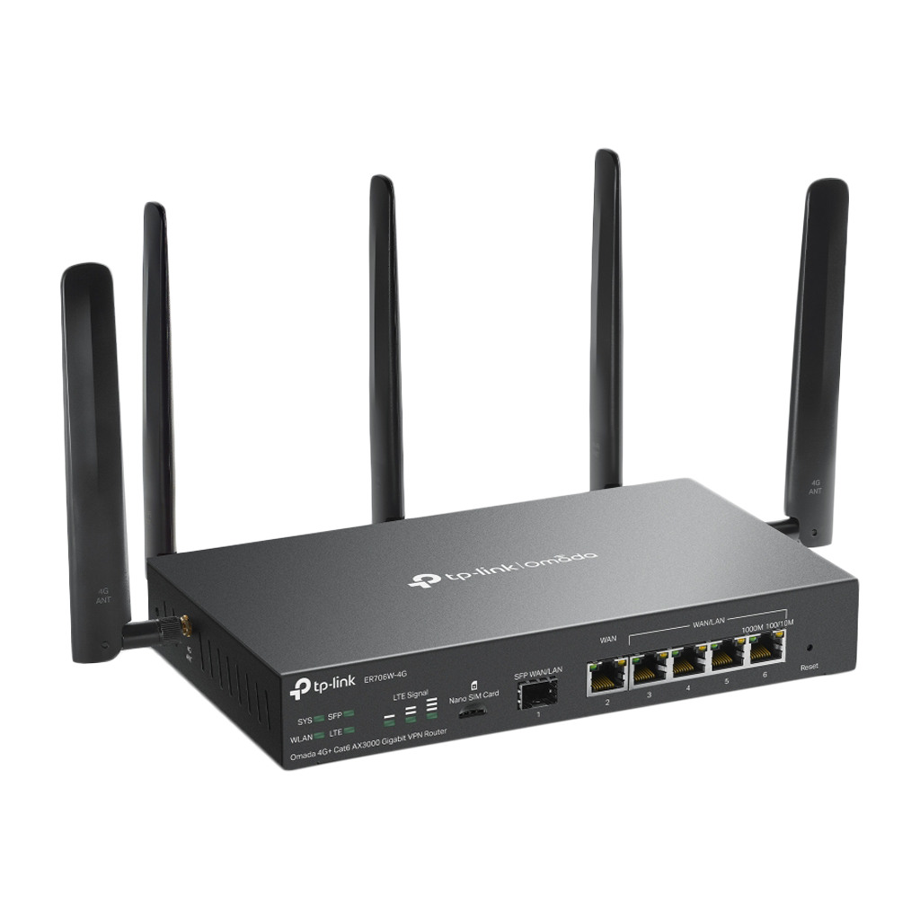 TP-Link ER706W-4G Omada 4G+ Cat6 AX3000 Gigabit VPN Router 1× G SFP WAN/LAN 1× G