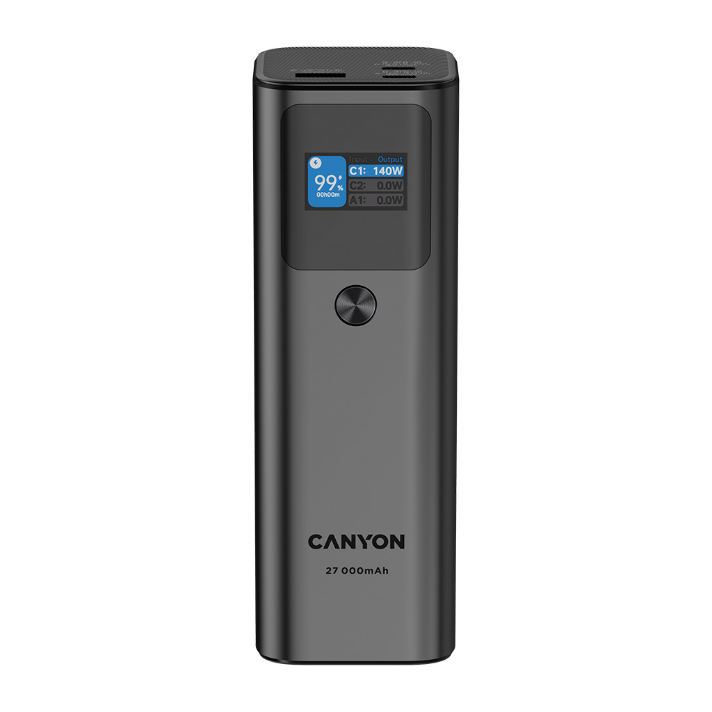 CANYON Power Bank PB-2010 TFT 27000 mAh 97.2Wh PD140W QC 3.0 tamno siva - Ogromna snaga, brzo punjenje, TFT ekran, aluminijsko kućište